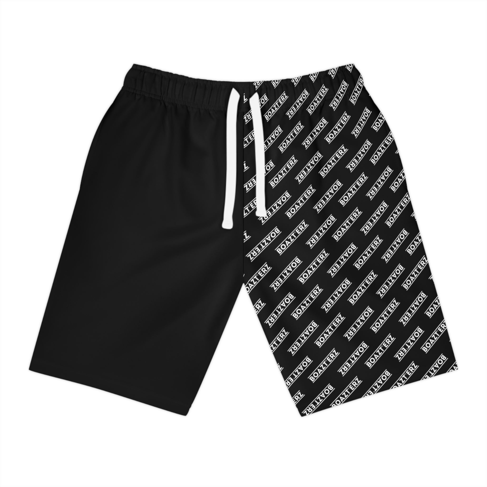 Black Half-Print Athletic Long Shorts — Repeating Logo Performance Gym Shorts