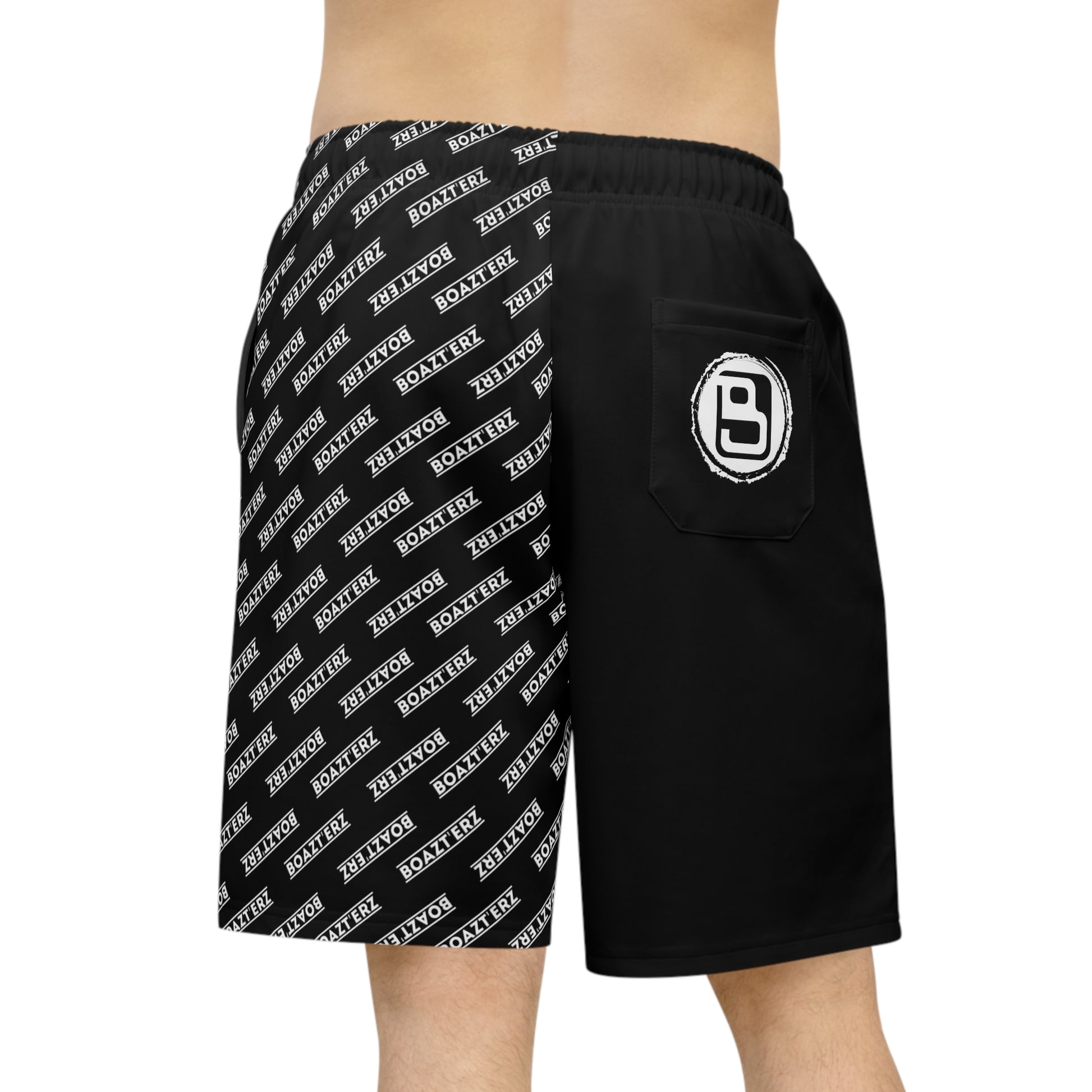 Black Half-Print Athletic Long Shorts — Repeating Logo Performance Gym Shorts