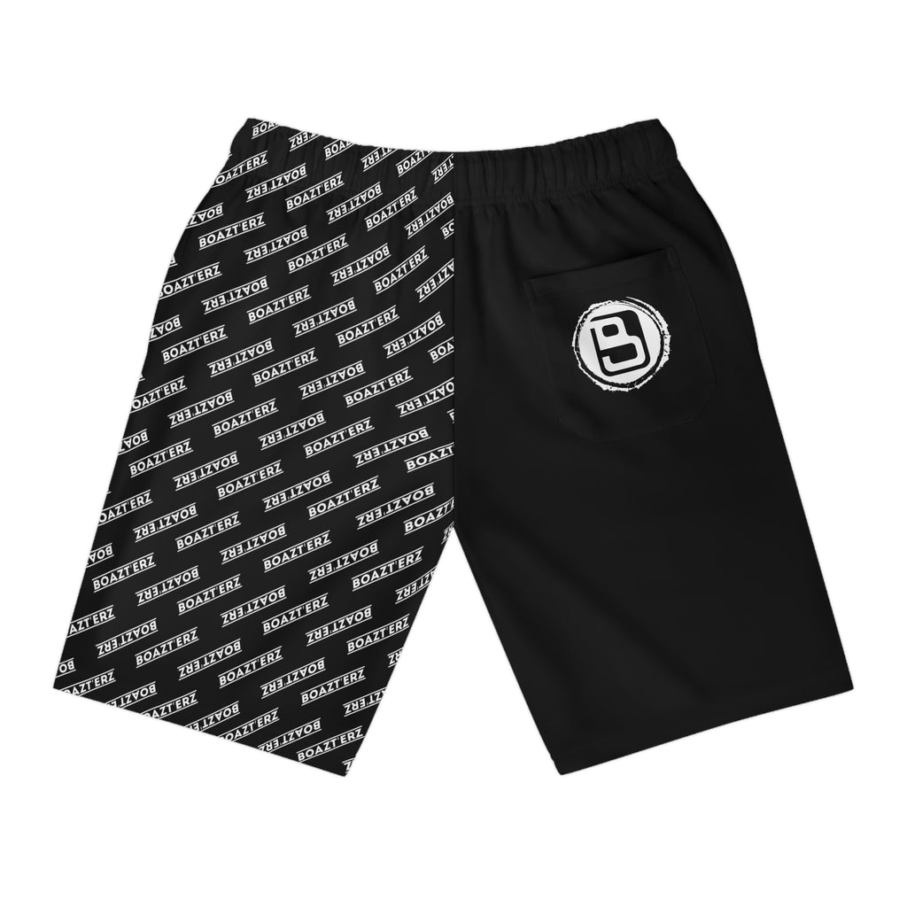 Black Half-Print Athletic Long Shorts — Repeating Logo Performance Gym Shorts