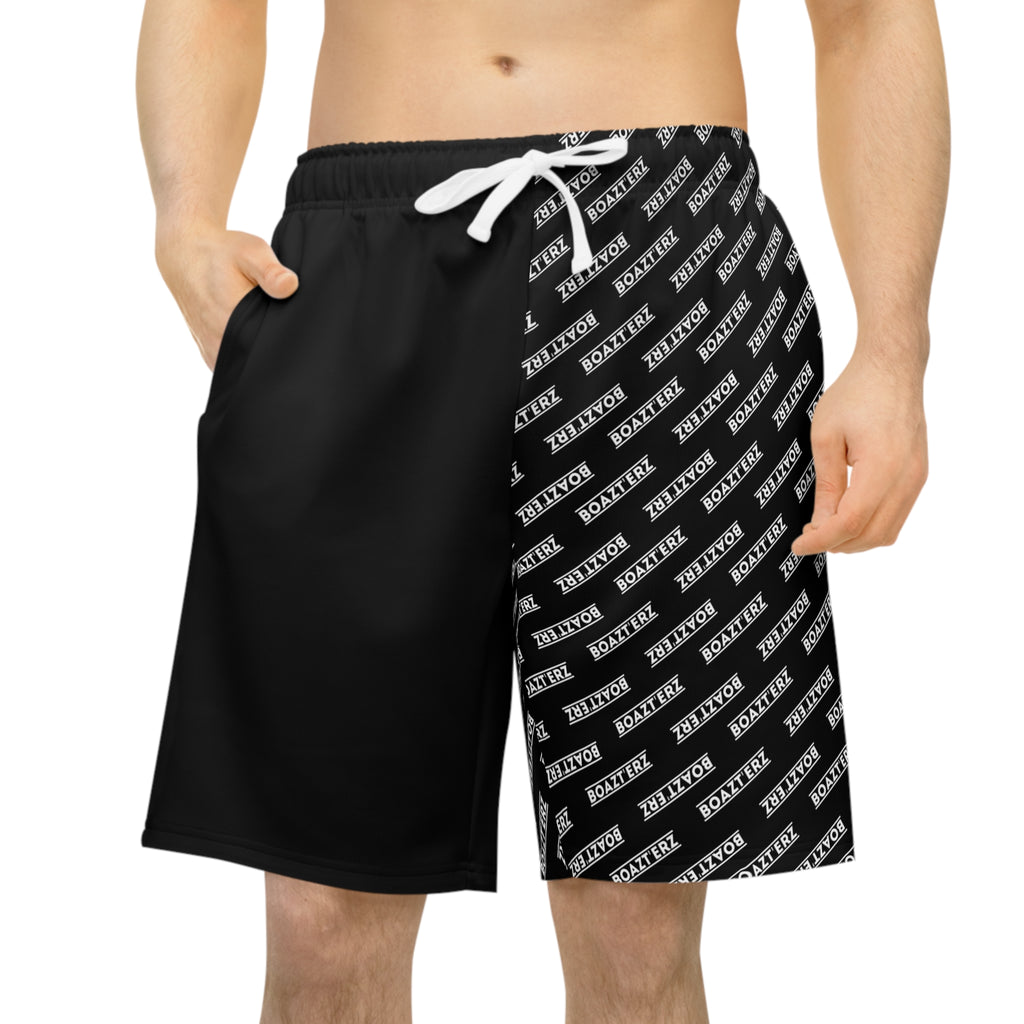 Black Half-Print Athletic Long Shorts — Repeating Logo Performance Gym Shorts